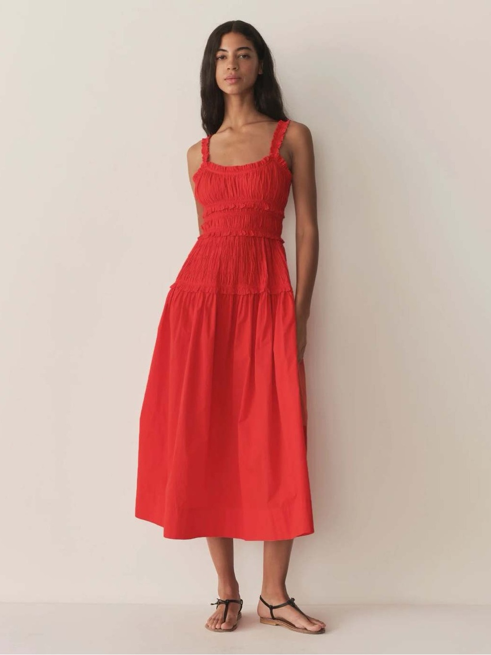 Doen Red Smocked Midi Dress